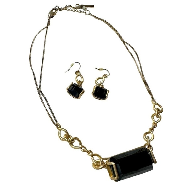 Kenneth Cole New York Gold Tone Jet Black Faceted Stones Necklace Earrings Set - Picture 7 of 15